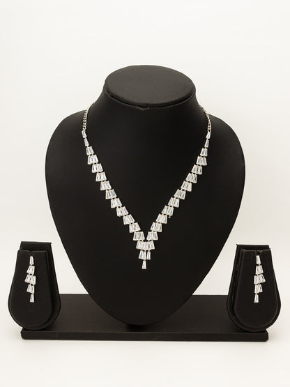 Aadita Silver Plated V-Shape Baguette Fringe AD Necklace Set