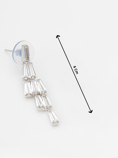 Aadita Silver Plated V-Shape Baguette Fringe AD Necklace Set