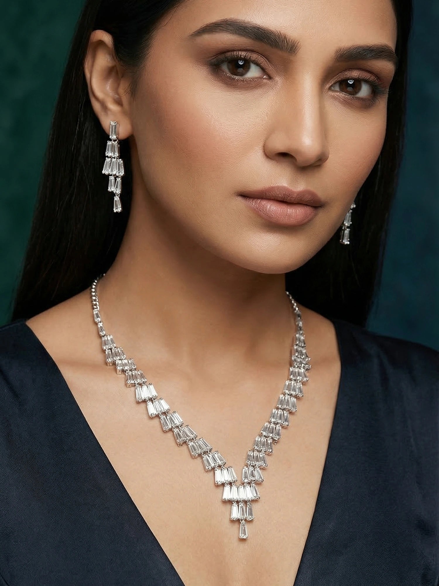 Aadita Silver Plated V-Shape Baguette Fringe AD Necklace Set