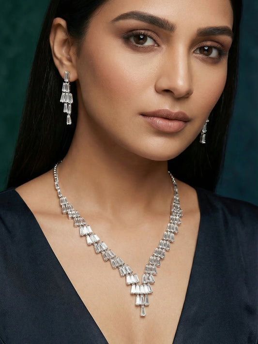 Aadita Silver Plated V-Shape Baguette Fringe AD Necklace Set