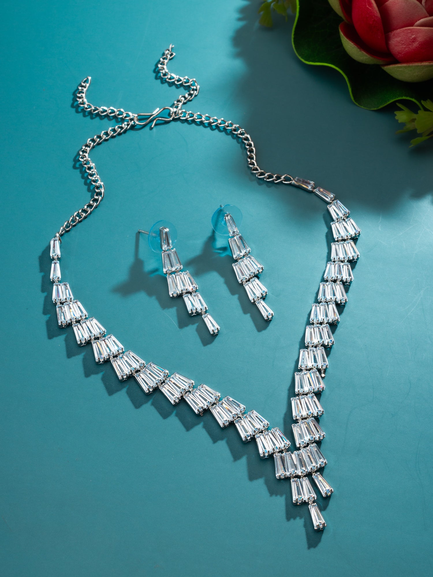 Aadita Silver Plated V-Shape Baguette Fringe AD Necklace Set