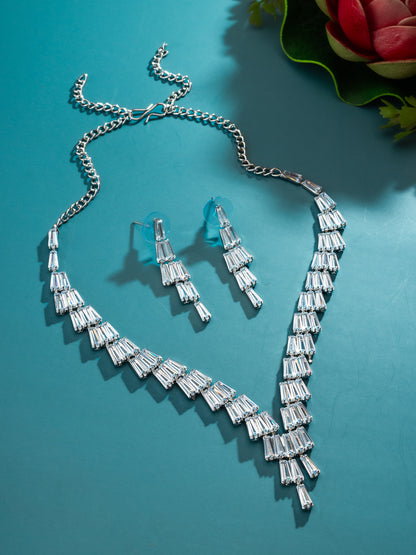 Aadita Silver Plated V-Shape Baguette Fringe AD Necklace Set