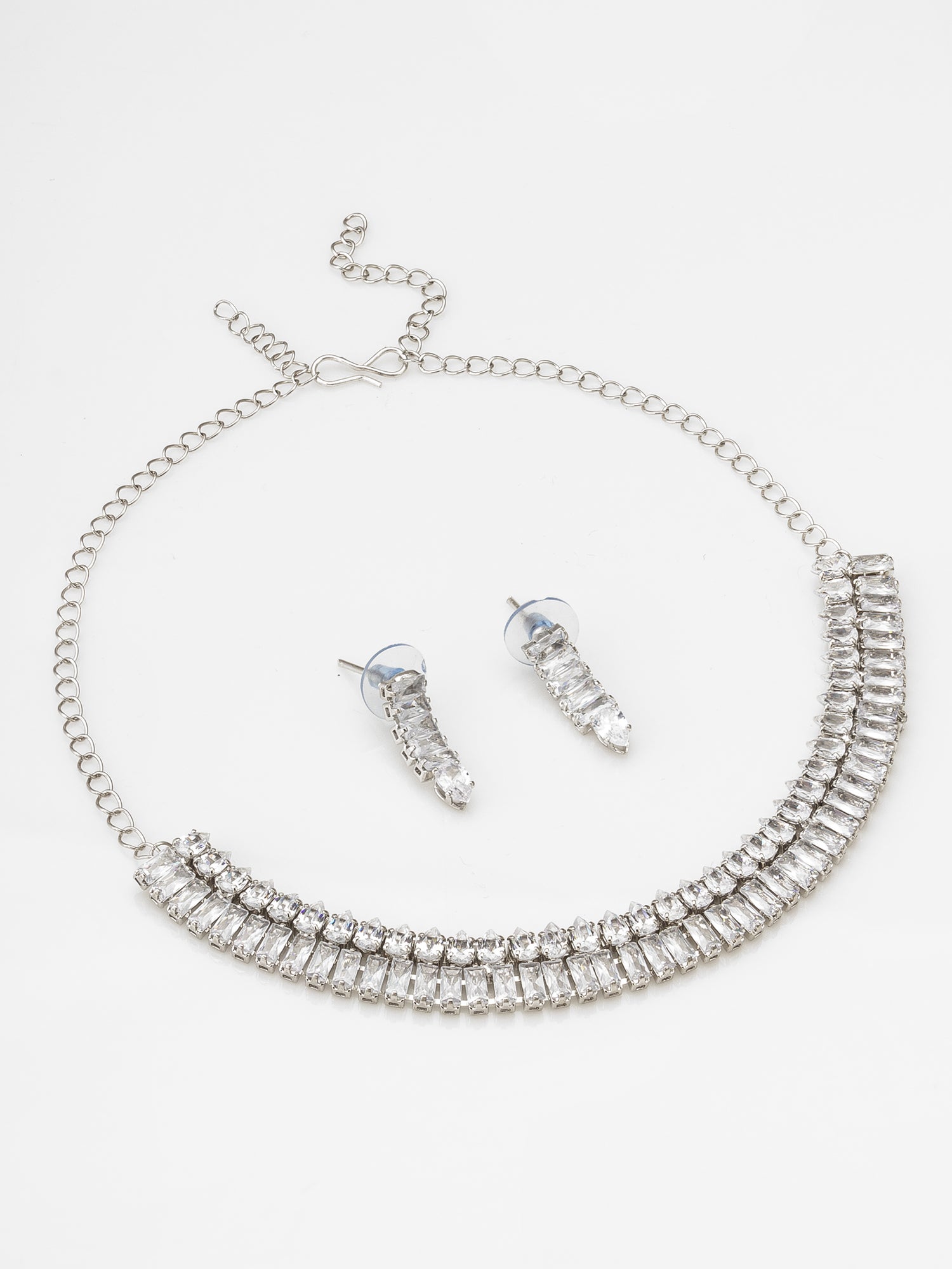 Aadita Silver Toned Baguette AD Stone Studded Choker Necklace Set
