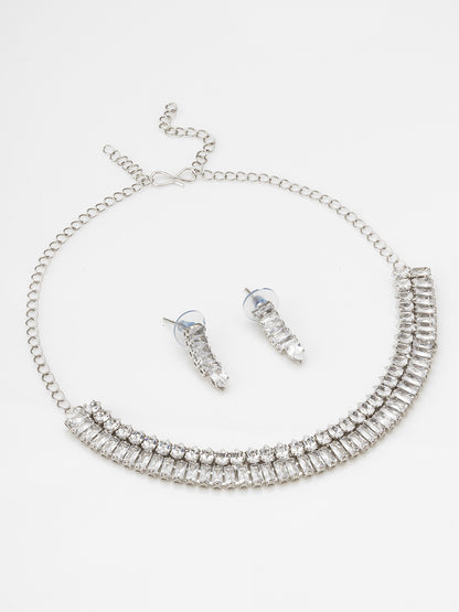 Aadita Silver Toned Baguette AD Stone Studded Choker Necklace Set