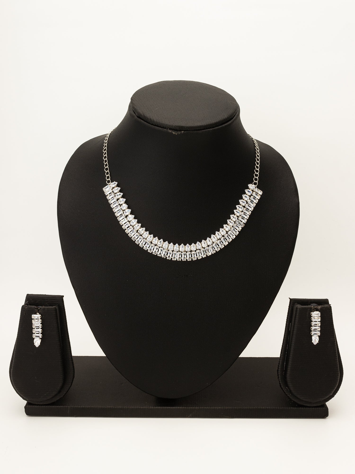 Aadita Silver Toned Baguette AD Stone Studded Choker Necklace Set