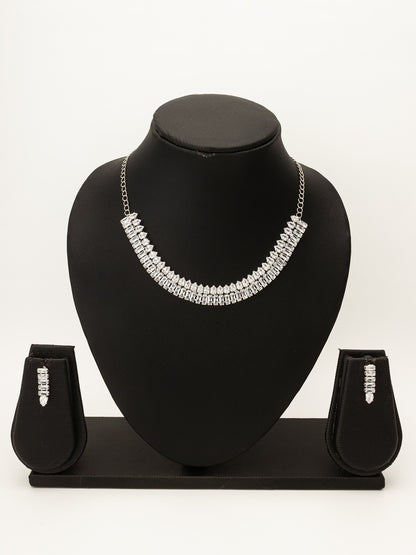 Aadita Silver Toned Baguette AD Stone Studded Choker Necklace Set