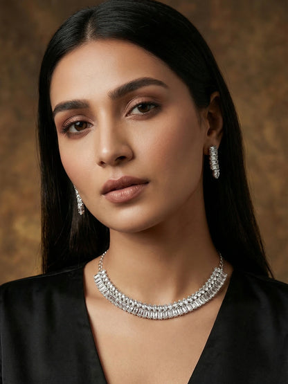 Aadita Silver Toned Baguette AD Stone Studded Choker Necklace Set