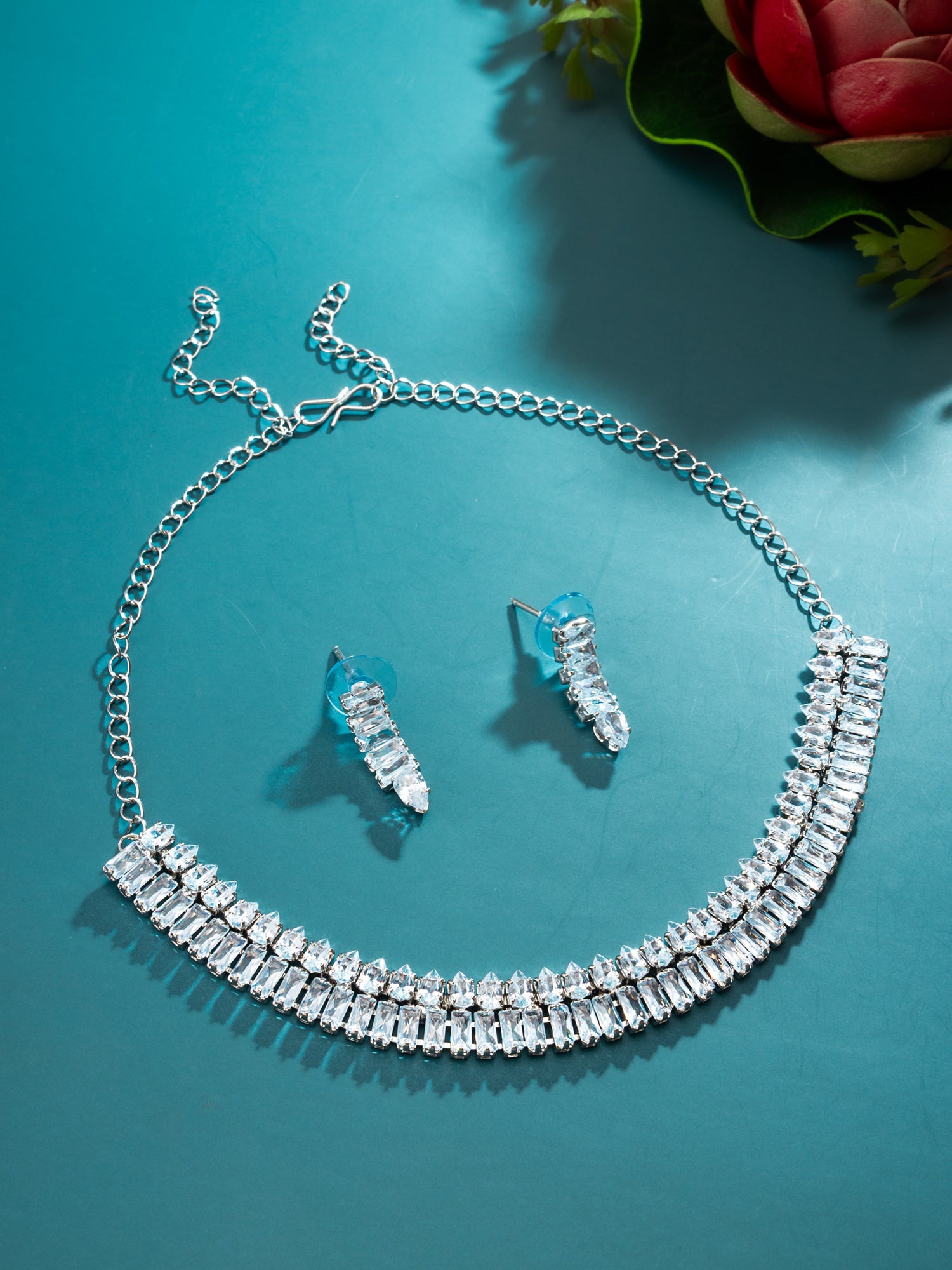 Aadita Silver Toned Baguette AD Stone Studded Choker Necklace Set