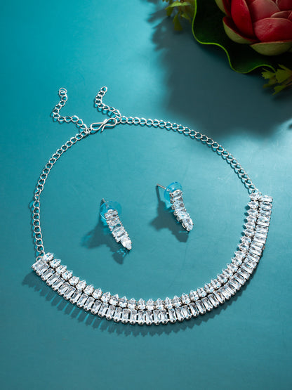 Aadita Silver Toned Baguette AD Stone Studded Choker Necklace Set