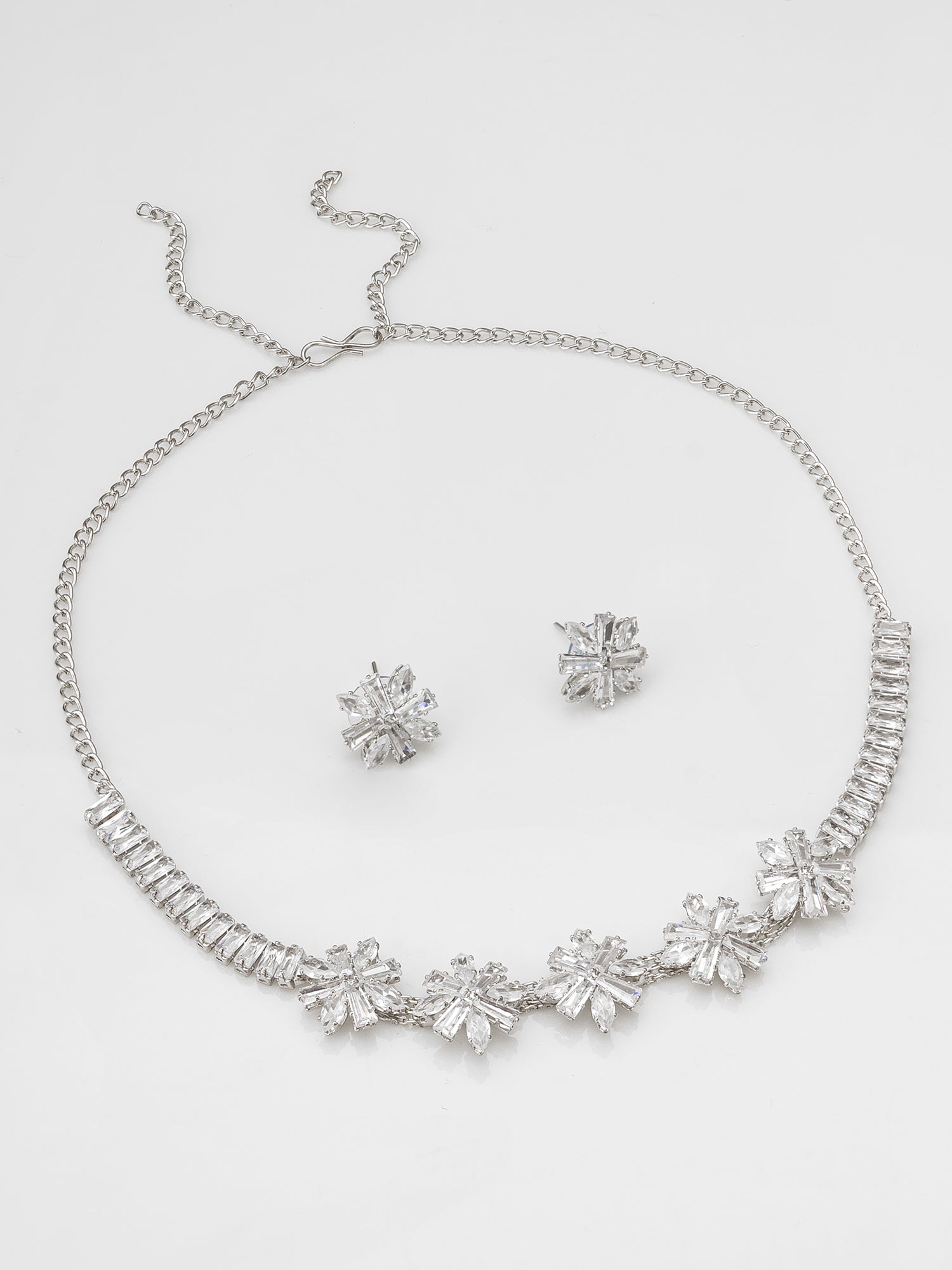 Aadita Silver Toned Floral Motif AD Stone Necklace Set