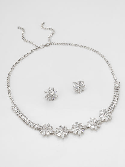 Aadita Silver Toned Floral Motif AD Stone Necklace Set