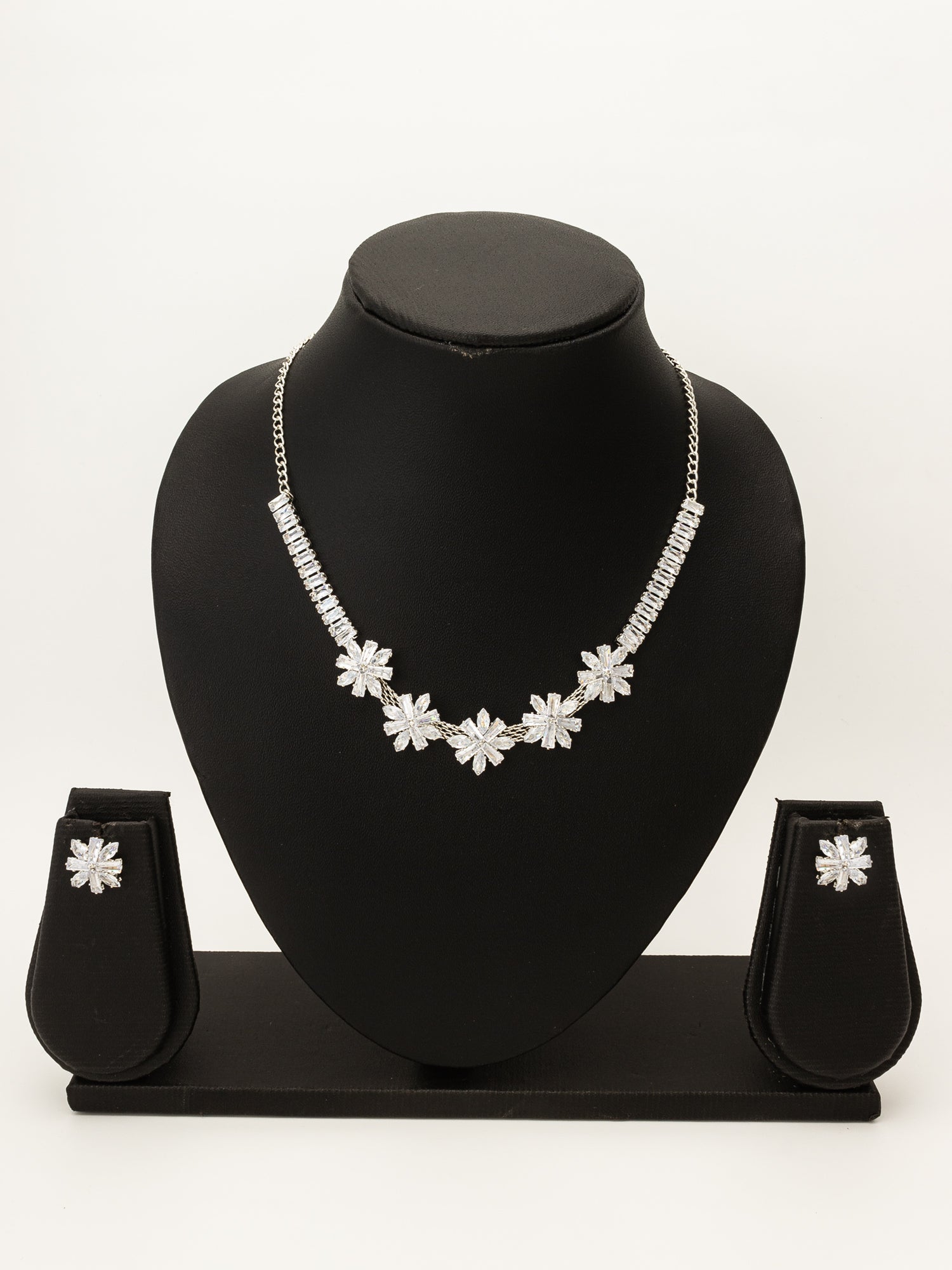 Aadita Silver Toned Floral Motif AD Stone Necklace Set
