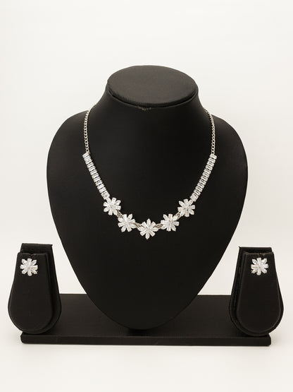 Aadita Silver Toned Floral Motif AD Stone Necklace Set