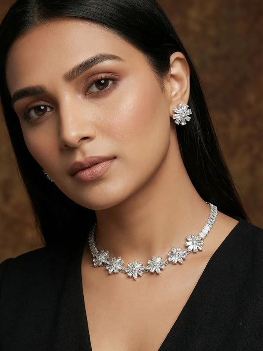 Aadita Silver Toned Floral Motif AD Stone Necklace Set