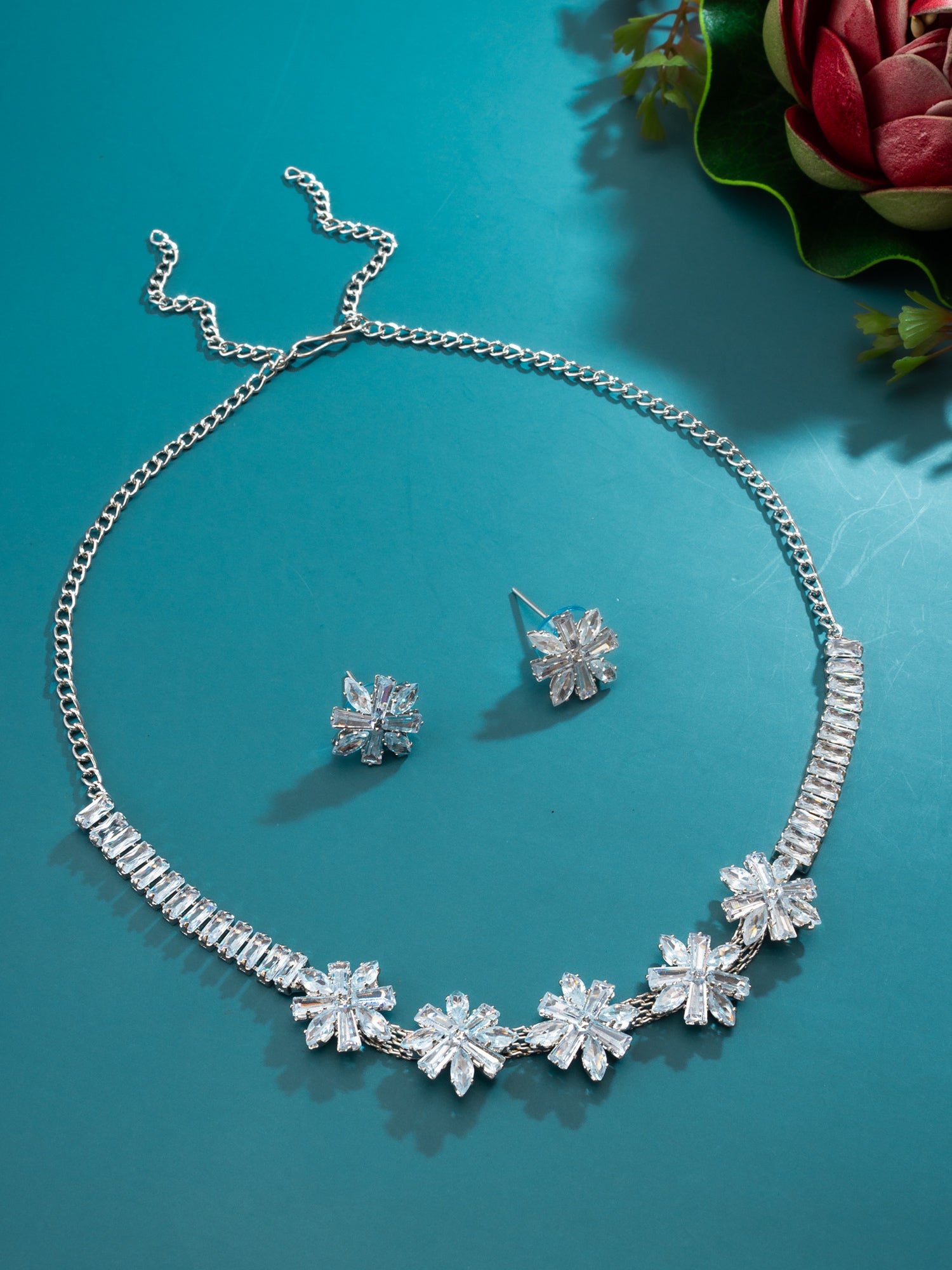 Aadita Silver Toned Floral Motif AD Stone Necklace Set