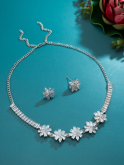 Aadita Silver Toned Floral Motif AD Stone Necklace Set