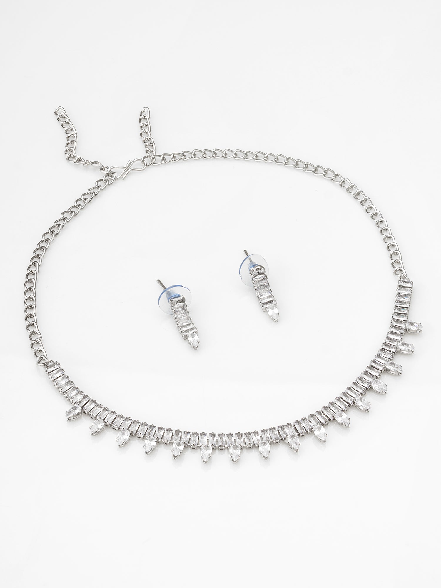 Aadita Silver Toned Pear Drop AD Stone Necklace Set