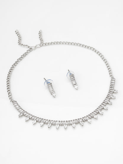 Aadita Silver Toned Pear Drop AD Stone Necklace Set