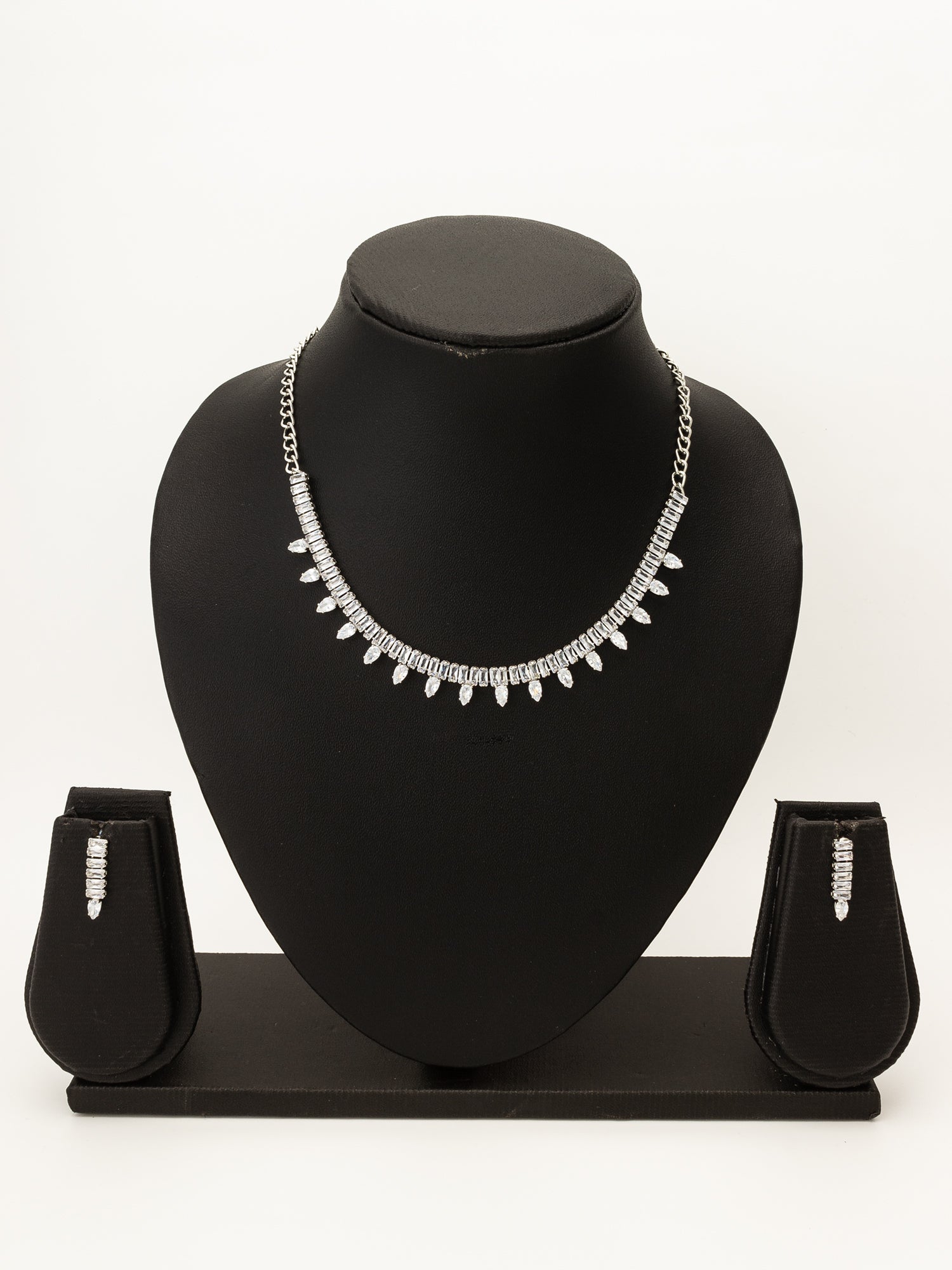 Aadita Silver Toned Pear Drop AD Stone Necklace Set