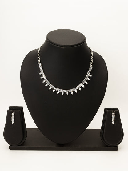 Aadita Silver Toned Pear Drop AD Stone Necklace Set