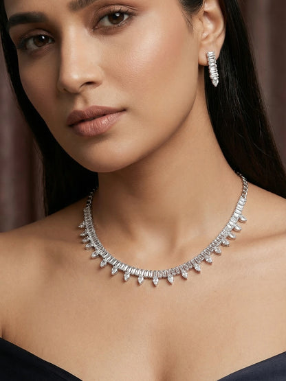 Aadita Silver Toned Pear Drop AD Stone Necklace Set