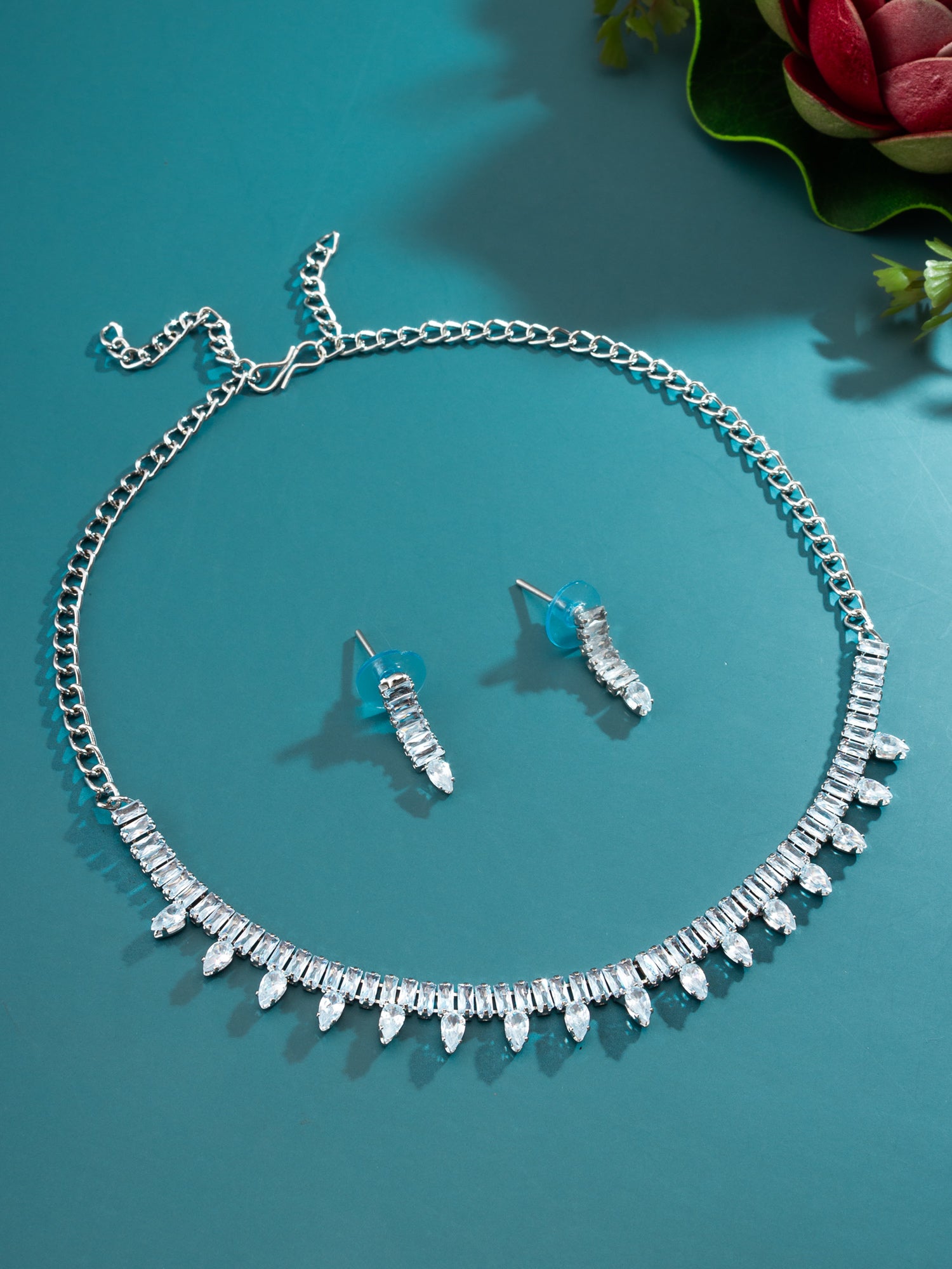 Aadita Silver Toned Pear Drop AD Stone Necklace Set