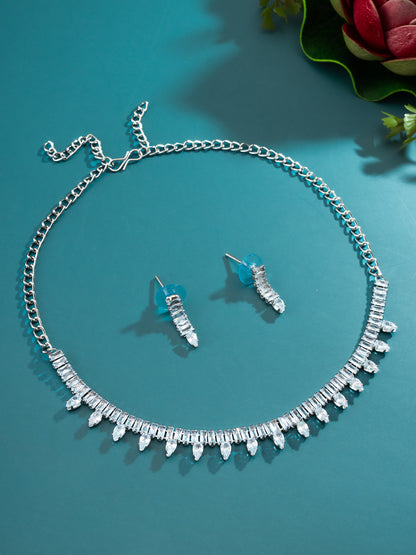 Aadita Silver Toned Pear Drop AD Stone Necklace Set