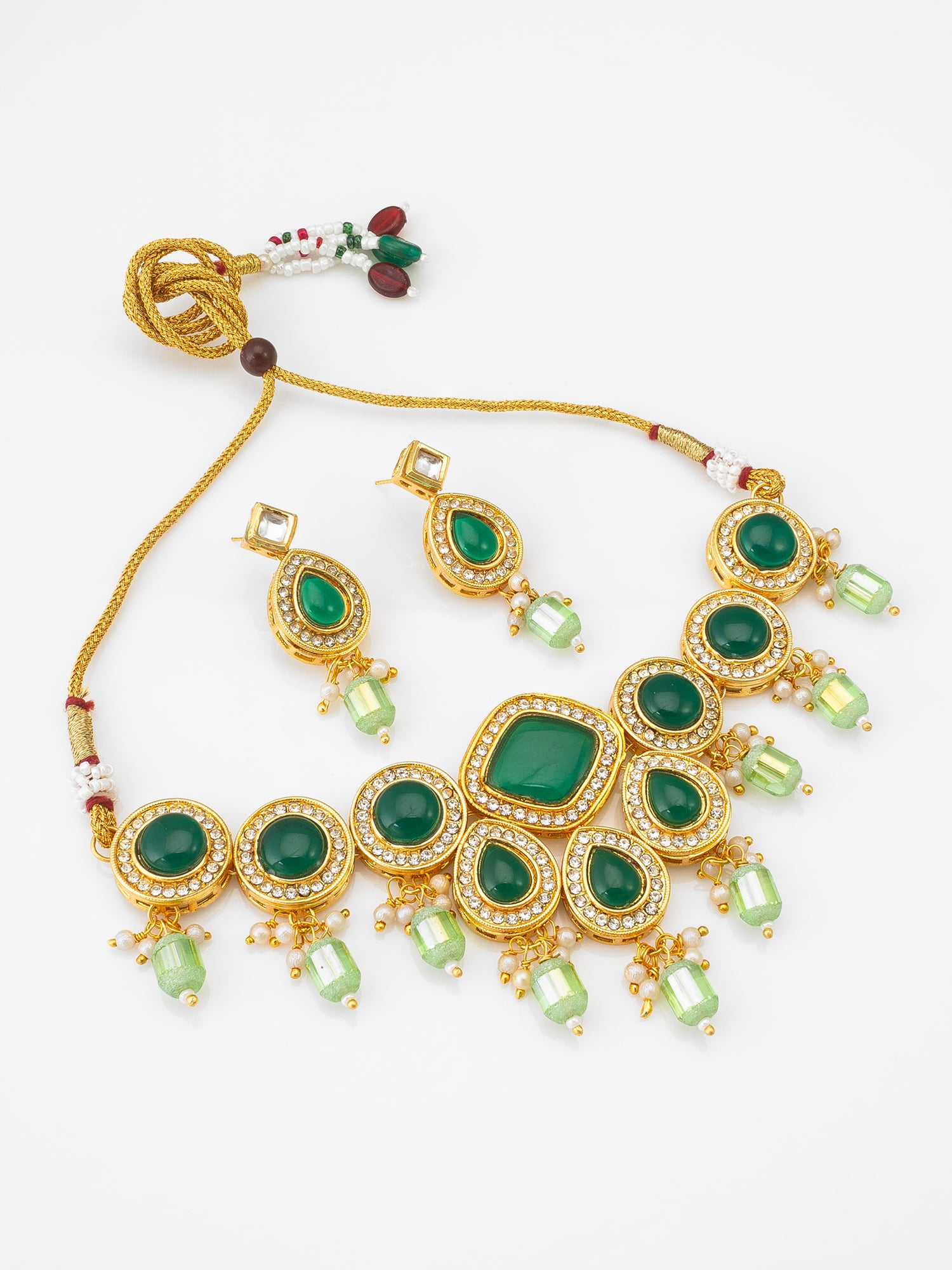 Regal Emerald Green Kundan Studded Gold-Plated Choker Necklace Set with Matching Earrings