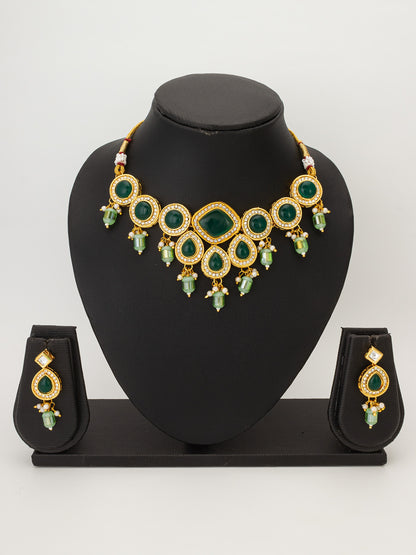 Regal Emerald Green Kundan Studded Gold-Plated Choker Necklace Set with Matching Earrings WNK4595