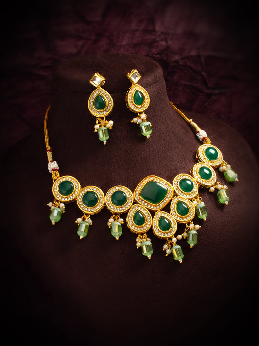 Regal Emerald Green Kundan Studded Gold-Plated Choker Necklace Set with Matching Earrings