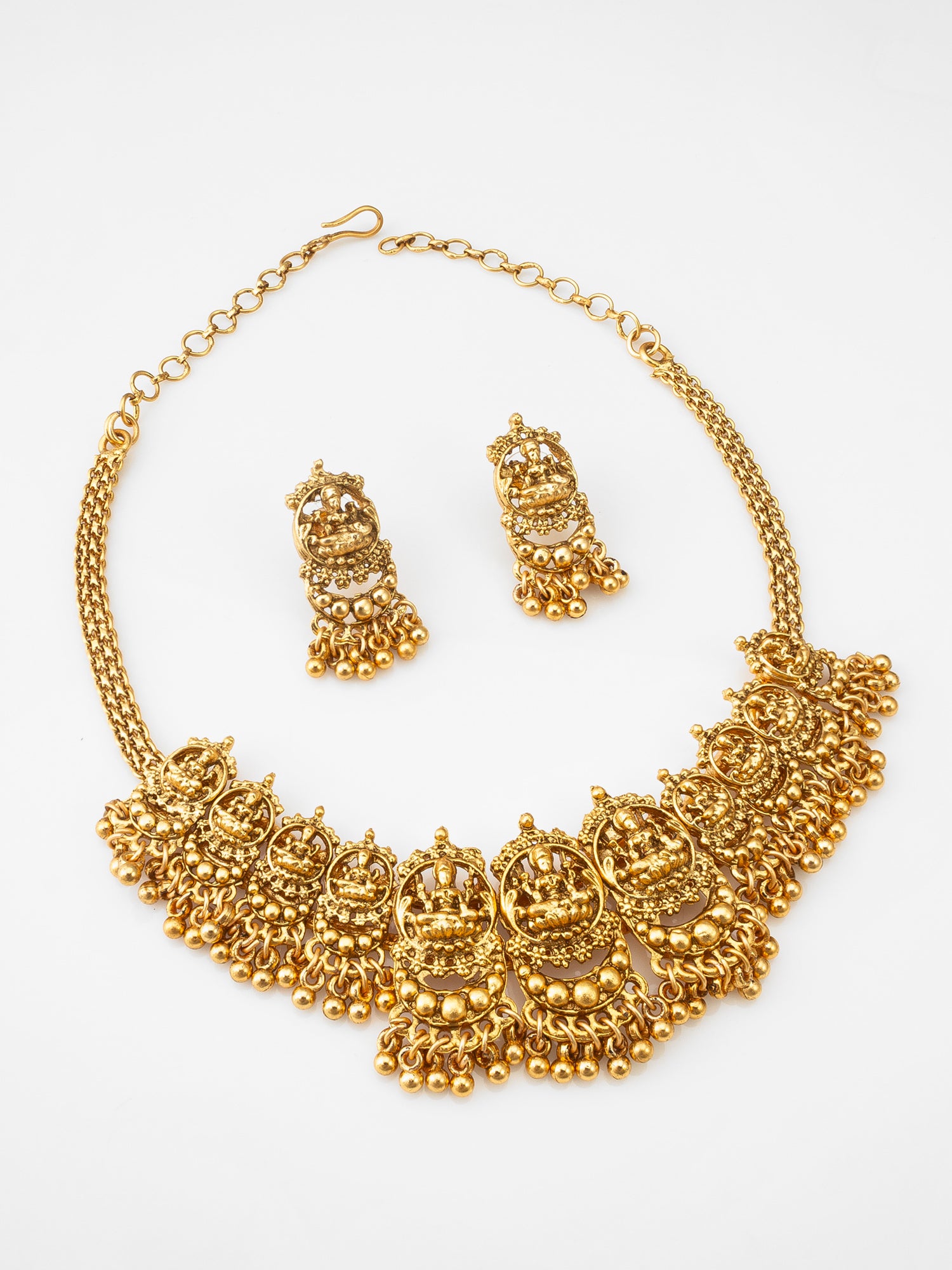 Aadita Gold-Plated Temple Necklace Set with Lakshmi Motif Pendants and Matching Jhumki Earrings