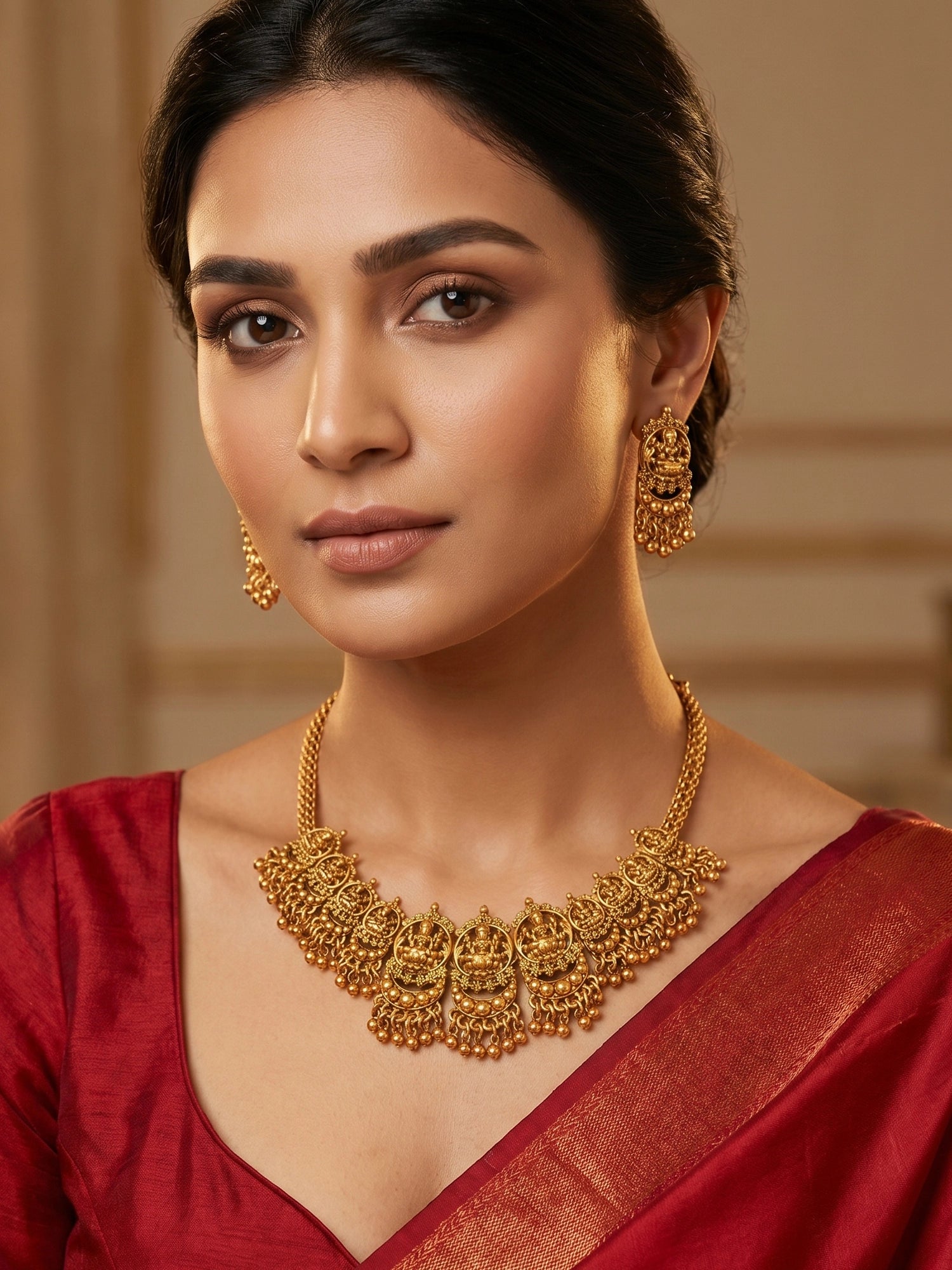 Aadita Gold-Plated Temple Necklace Set with Lakshmi Motif Pendants and Matching Jhumki Earrings