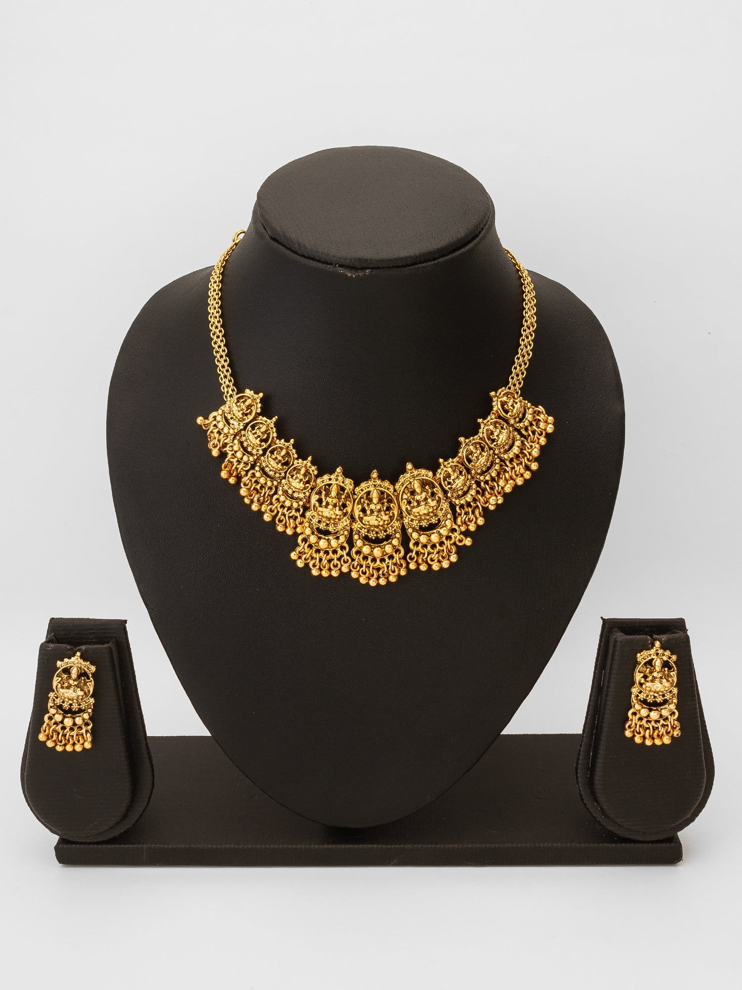 Aadita Gold-Plated Temple Necklace Set with Lakshmi Motif Pendants and Matching Jhumki Earrings