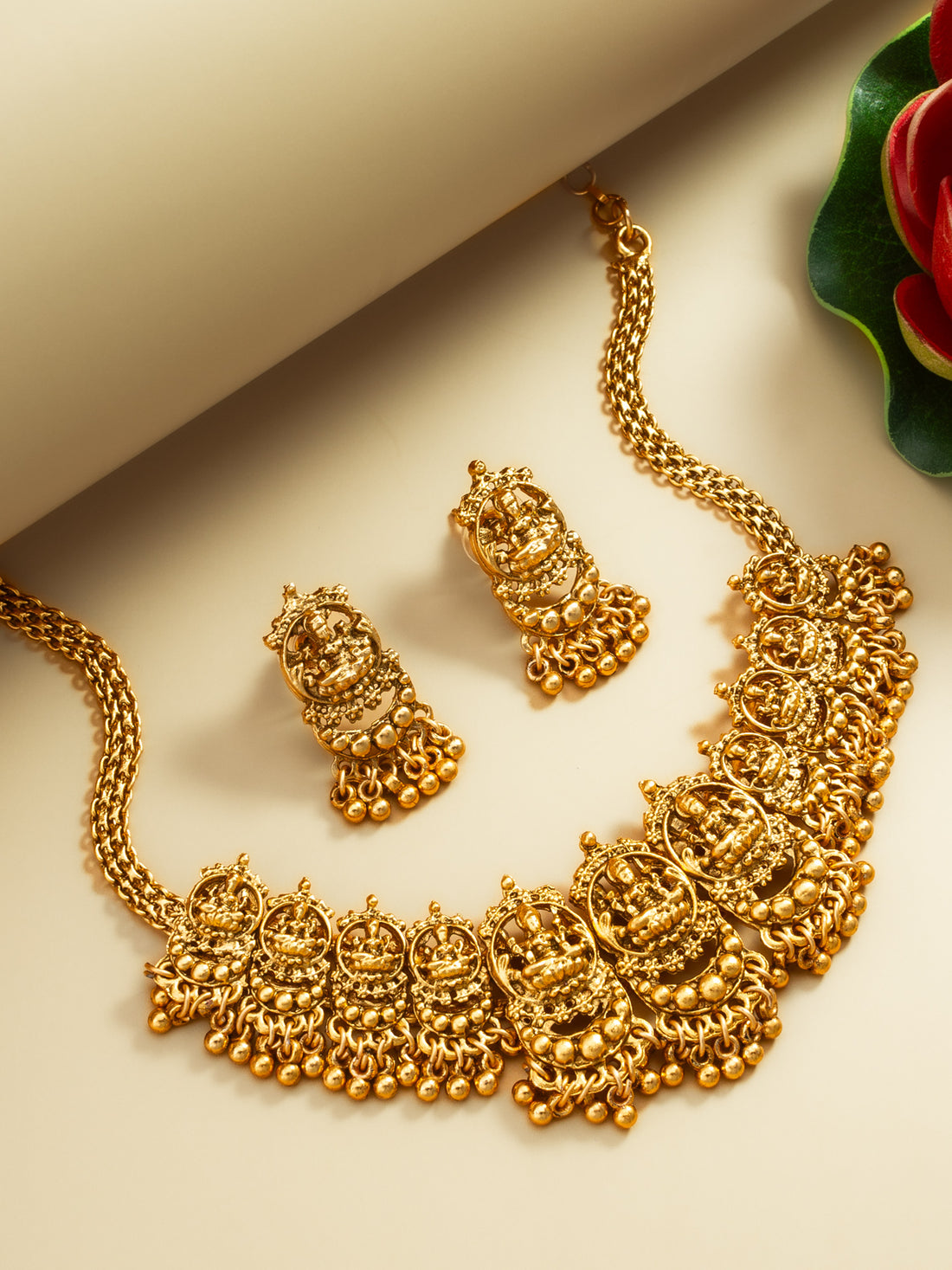 Gold-Plated Temple Necklace Set with Lakshmi Pendants and Earrings