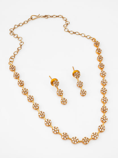 Aadita Gold-Plated AD Stone Floral Cluster Necklace Set with Linear Drop Earrings