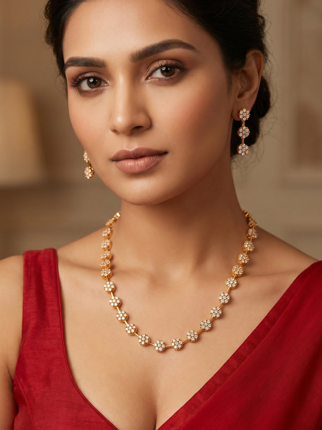 Gold-Plated AD Stone Floral Cluster Necklace with Linear Drop Earrings