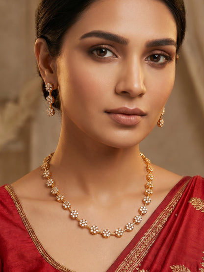 Aadita Gold-Plated AD Stone Floral Cluster Necklace Set with Linear Drop Earrings