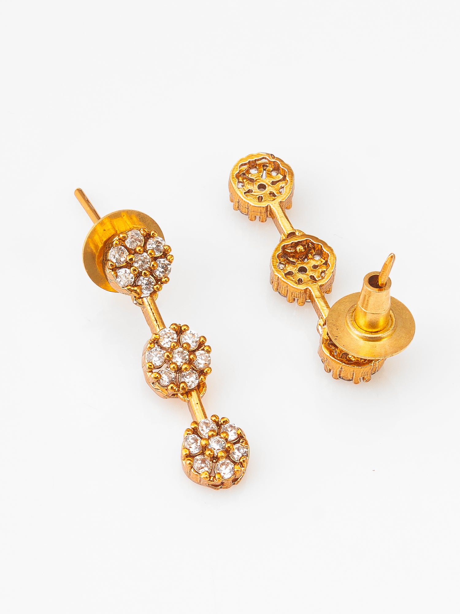 Aadita Gold-Plated AD Stone Floral Cluster Necklace Set with Linear Drop Earrings