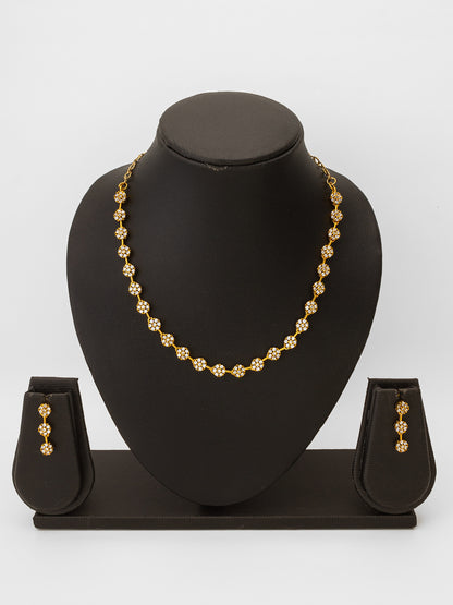 Aadita Gold-Plated AD Stone Floral Cluster Necklace Set with Linear Drop Earrings
