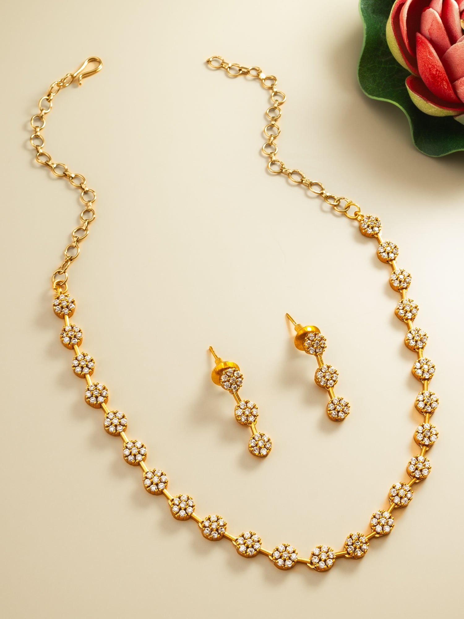 Aadita Gold-Plated AD Stone Floral Cluster Necklace Set with Linear Drop Earrings