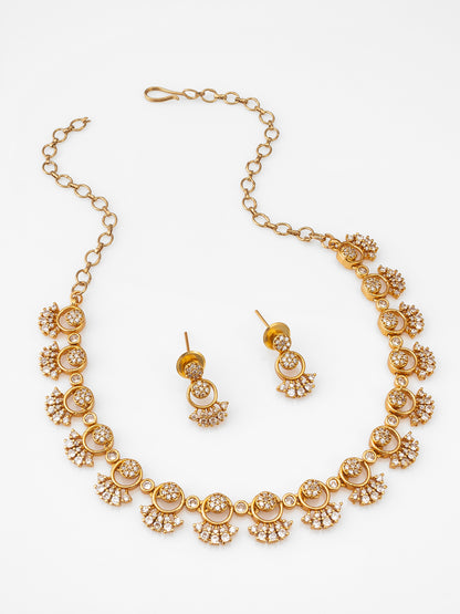 Aadita Gold-Plated AD Stone Necklace Set with Stud Drop Earrings