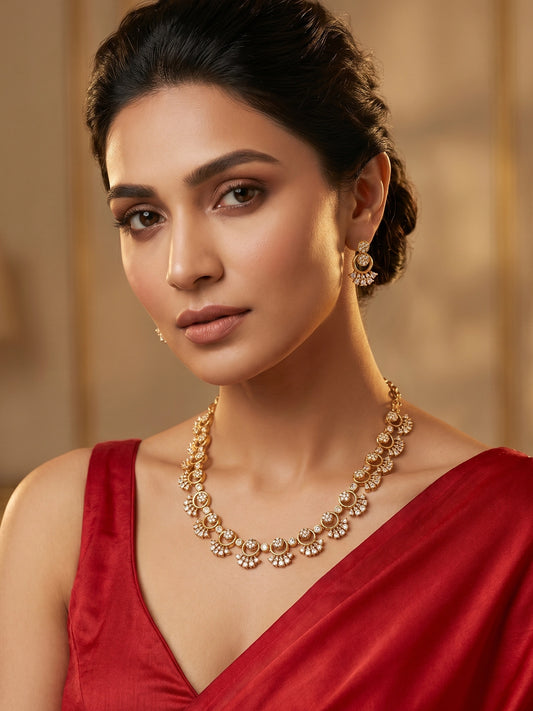Aadita Gold-Plated AD Stone Necklace Set with Stud Drop Earrings
