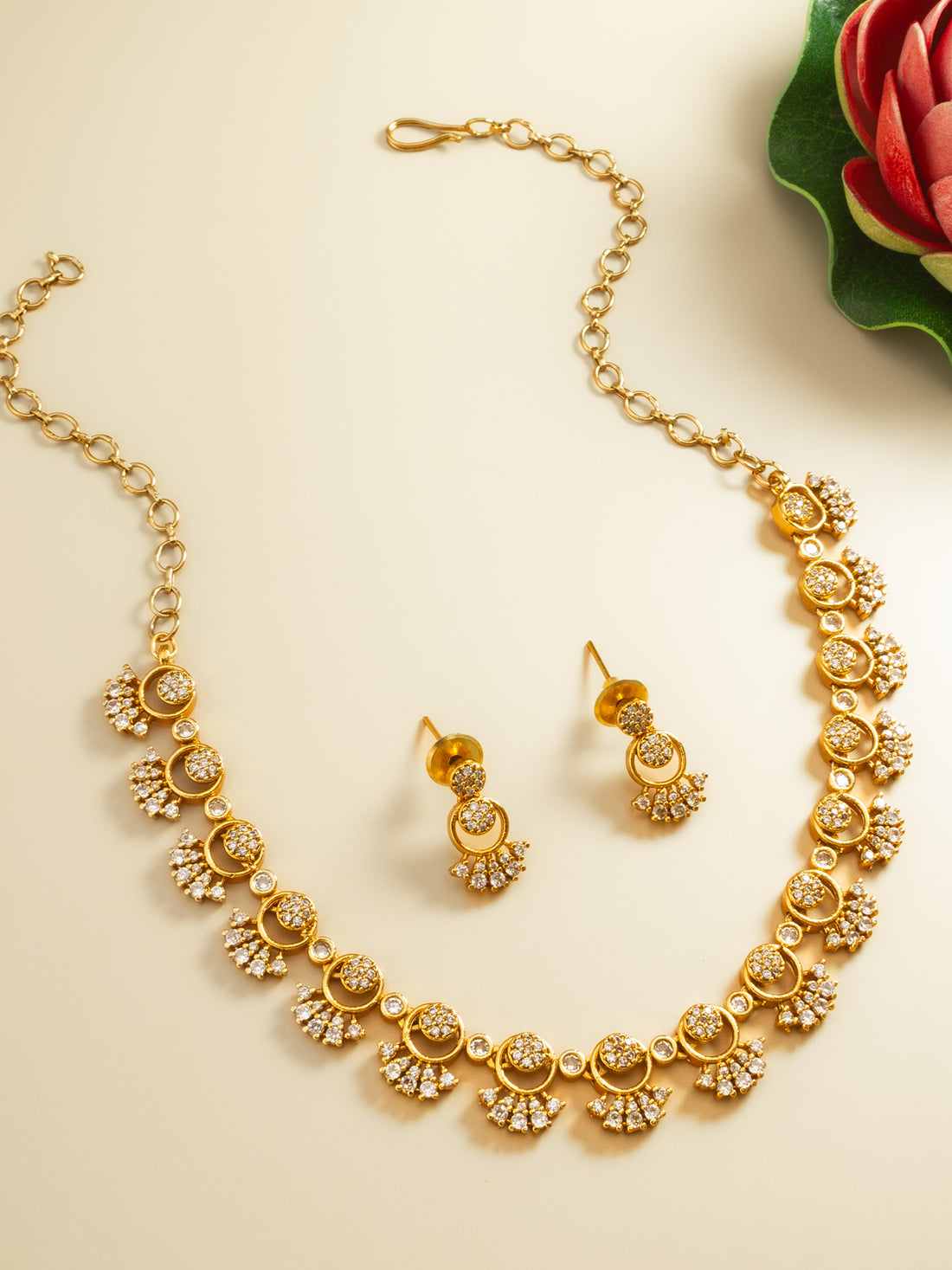 Gold-Plated AD Stone Necklace Set with Stud Drop Earrings