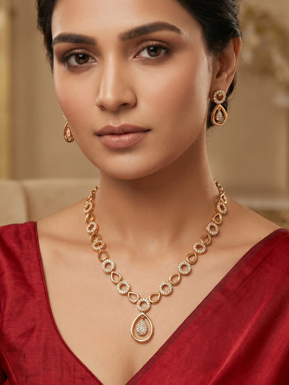 Aadita Gold-Plated AD Stone endant Necklace Set with Drop Earrings