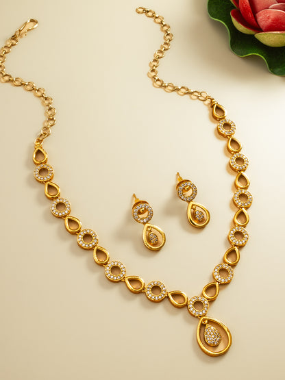 Aadita Gold-Plated AD Stone endant Necklace Set with Drop Earrings