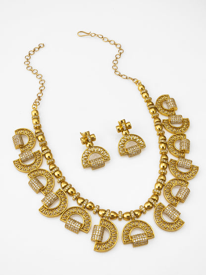 Aadita Gold-Plated AD Stone Half-Moon Arch Necklace Set with Geometric Stud Earrings