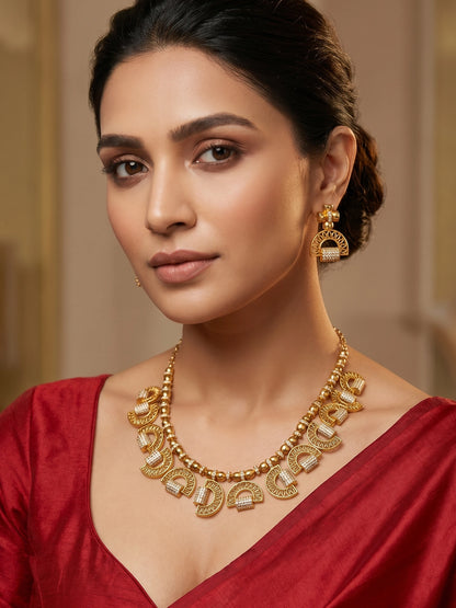 Aadita Gold-Plated AD Stone Half-Moon Arch Necklace Set with Geometric Stud Earrings