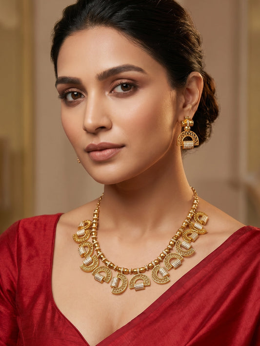 Aadita Gold-Plated AD Stone Half-Moon Arch Necklace Set with Geometric Stud Earrings