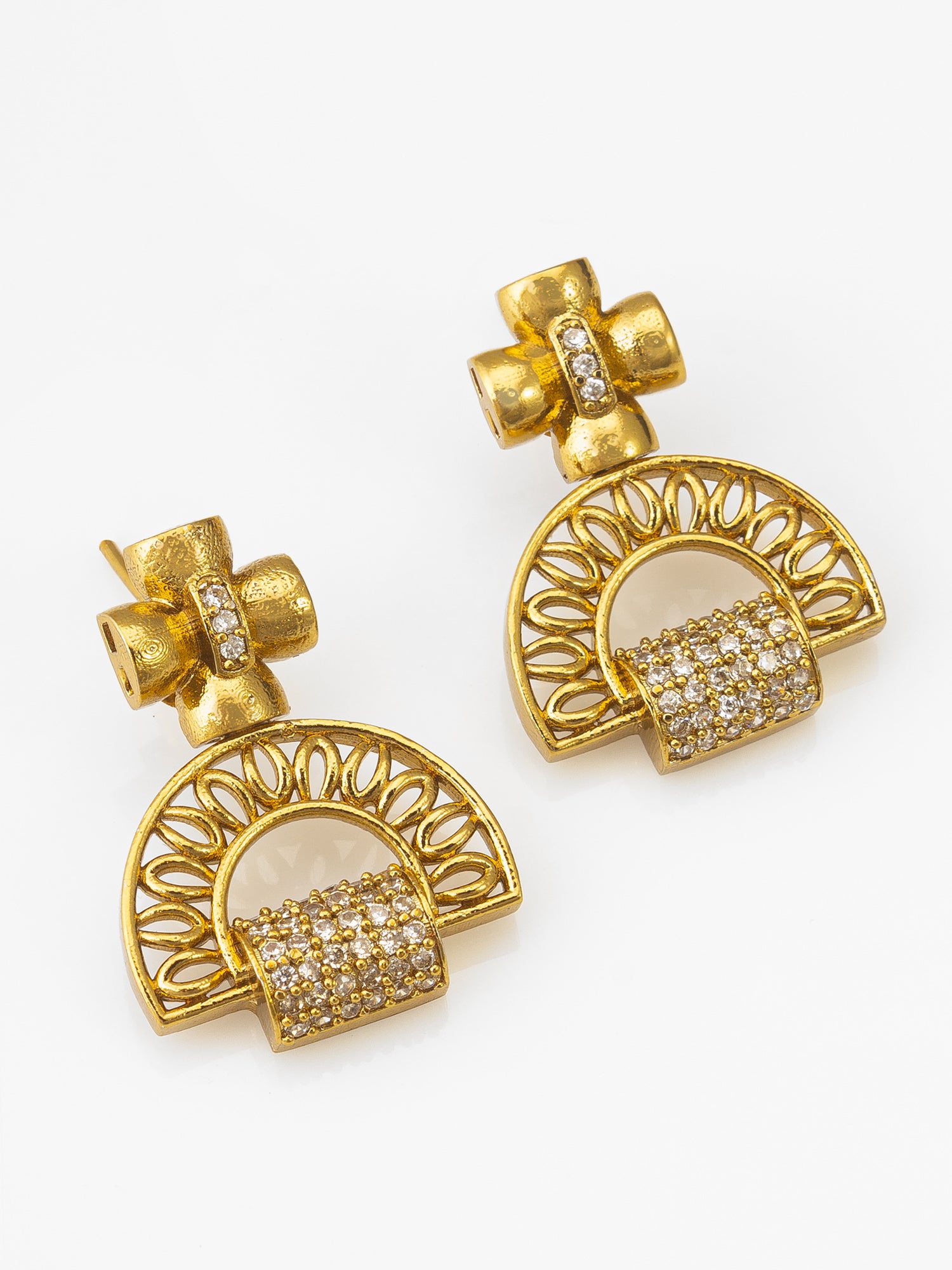 Aadita Gold-Plated AD Stone Half-Moon Arch Necklace Set with Geometric Stud Earrings