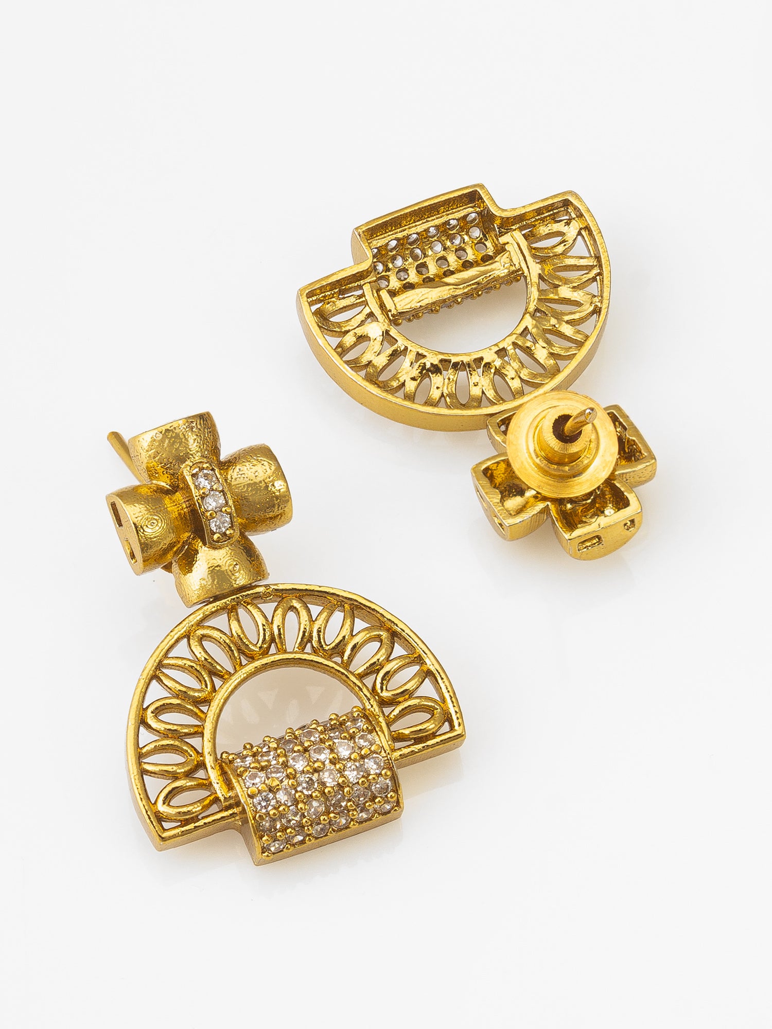 Aadita Gold-Plated AD Stone Half-Moon Arch Necklace Set with Geometric Stud Earrings